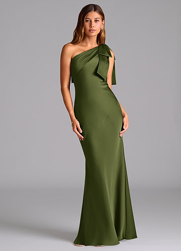 Azazie Yuanna Bridesmaid Dresses Olive Mermaid One Shoulder Stretch Satin Dress image1