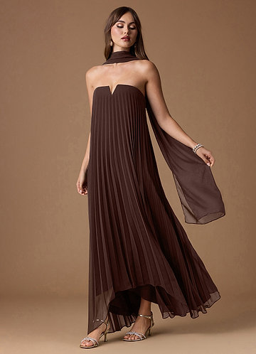 coffee brown wedding guest dress Tuckernuck Buck Vegan Suede Manon Dress Beige Suede / XXL