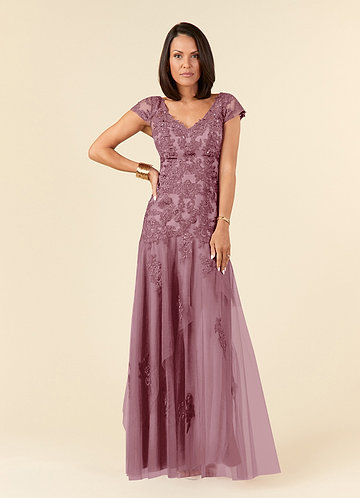 Azazie Romy Klänningar till brudens mor Klä Sjöjungfru i Tyll V-ringning med paljetter Vintage Mauve image1