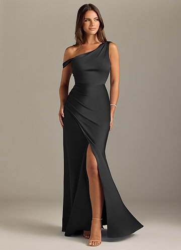 Azazie Madelyn Bridesmaid Dresses Black Mermaid Off the Shoulder Stretch Satin Convertible Dress image1