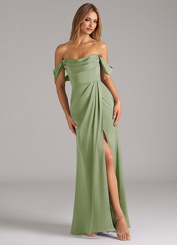 sage green bridesmaid dresses off the shoulder ZAPAKA Women Mermaid Sage Green Bridesmaid Dress with Slit Off The Shoulder Ruched Long Wedding Guest Dress, satin color / US16 main image 1