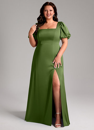 Azazie Fyona Vestidos Dama de Honor Vestido de Enebro de Satén Elástico de Corte en A con Plisado image1