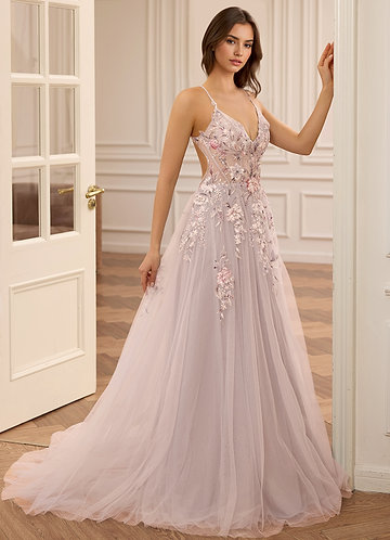 Vivienne Roze Halterjurk met V-hals, A-lijn model, paillettenborduursel en kralen. image1