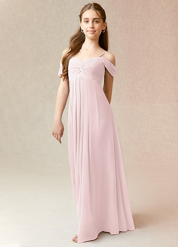 Azazie Kaitlynn Junior Blushing Pink A-Line Off the Shoulder Chiffon Dress image1