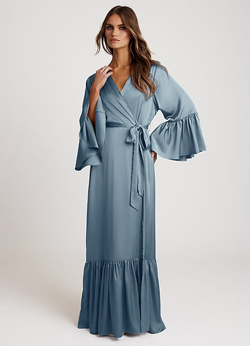 front Bleu Poussiéreux Déshabillé Long Satiné en Volants
