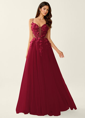 Eulalie Bourgondië Galajurk met korset en 3D-bloemen en vetersluiting op de rug image1