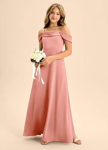 Azazie Anselie Junior Vestido Coral de Cetim elástico de Linha A com Fora do ombro image1