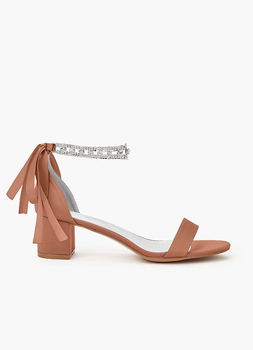 front Matching Color Matte Satin Rhinestone Strap Block Heel Sandals