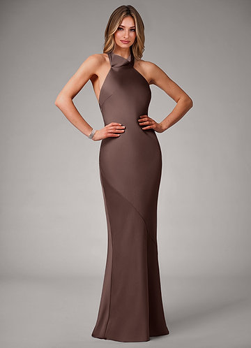 Azazie Velli Bridesmaid Dresses Vestido Ganache de Cetim elástico de sereia com Pescoço alto image1