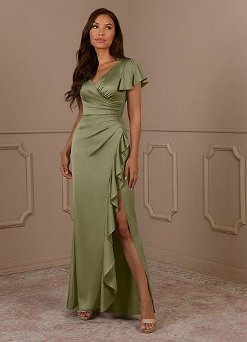 Azazie Roya Moeder van de Bruid Jurken Zeemeermin Jurk van Stretch Satijn V-hals geplooid Pistache image1