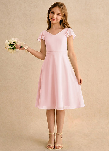 Azazie Narin Girls Formal Kukkaistyttöjen mekot A-linja hihoilla Sifonki Polvipituinen Pukeutua image1