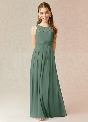 Azazie Bibiane Junior Vestido Eucalipto de Chiffon de Linha A com Plissado image1