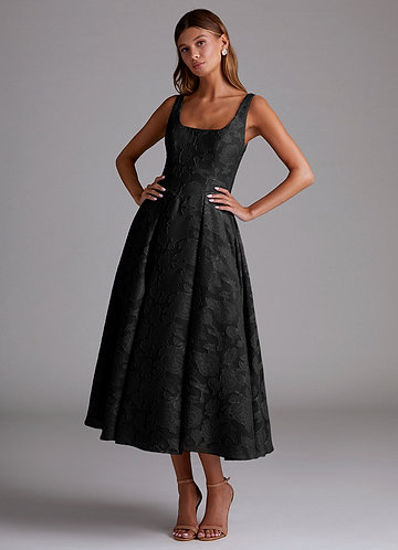 Azazie Amalie Bridesmaid Dresses Black A-Line Pleated Floral Burnout Dress image1