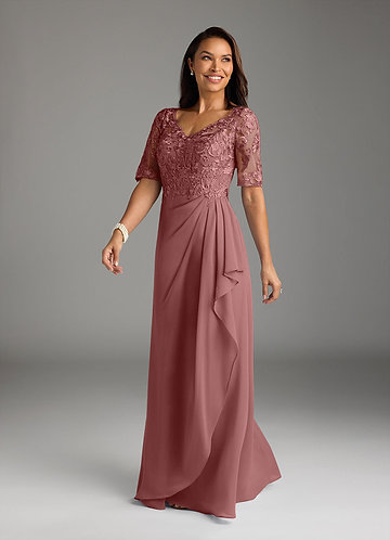 Azazie Amedeus Vestidos de Madre de la Novia Vestido de Rosa Del Desierto de Gasa de Corte en A con Encaje cuello pico image1