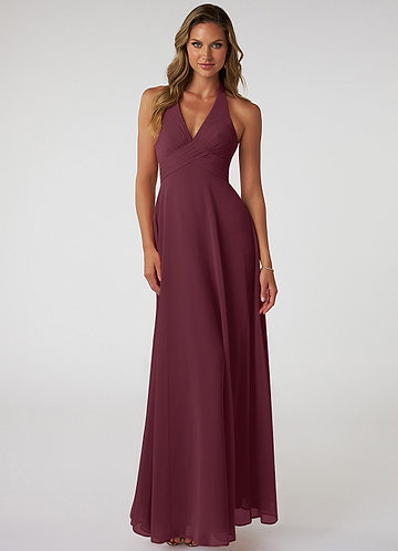 Azazie Tessie Vestidos Dama de Honor Vestido de Cabernet de Gasa de Corte en A con Cuello en V plisado image1