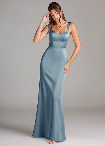 Azazie Denice Bridesmaid Dresses Dusty Blue Sheath Pleated Stretch Satin Dress image1