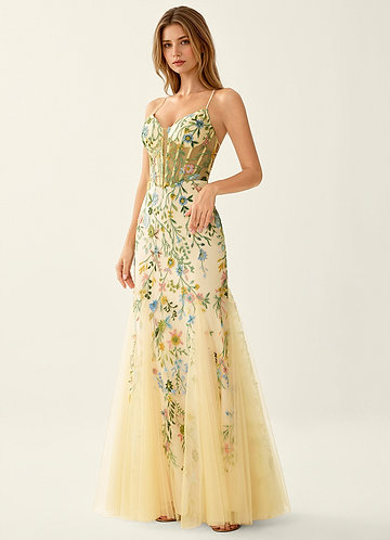 Linnea Zitronensorbet Meerjungfrauen-Abendkleid aus Spitze mit V-Ausschnitt image1