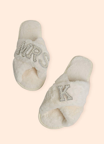 front Fuzzy Pearl Bride Slippers