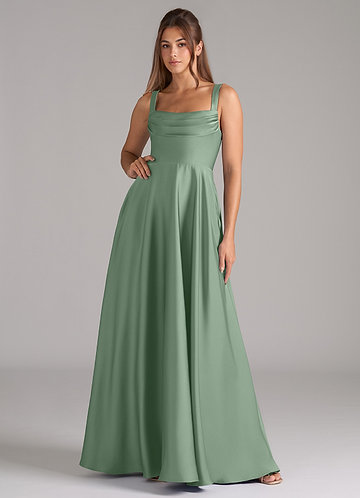 Azazie Shaude Robes Demoiselle d'honneur Robe Trapèze en Satin extensible Plissée Matcha image1