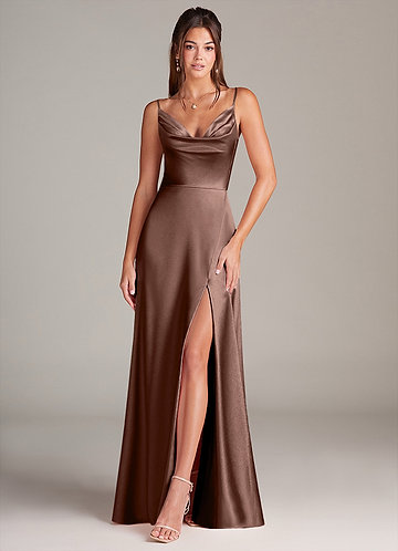 Azazie Sarella Robes Demoiselle d'honneur Robe Trapèze en Satiné métallisé avec poches Expresso image1