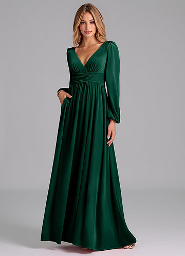 Azazie Norah Bridesmaid Dresses Emerald A-Line Long Sleeve Velvet Dress image1