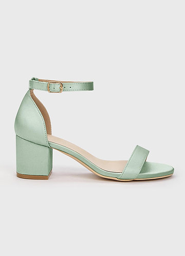 front Matching Color Matte Satin One Strap Buckle Block Low Heel Sandals