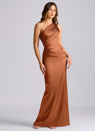 antique brass bridesmaid dresses Champagne Gold Soft Satin One Shoulder Pleats Long Bridesmaid Dresses, –  Wish Gown main image 1