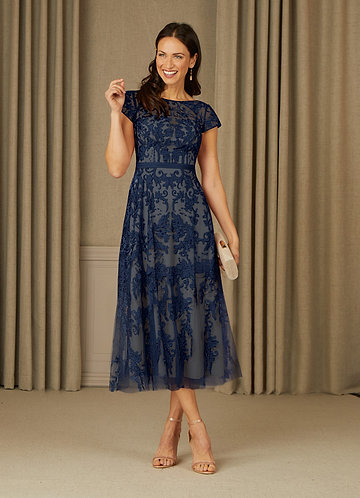 Azazie Sanna Mother of the Brides Dresses Dark Navy Champagne A-Line Scoop Lace Tulle Dress image1
