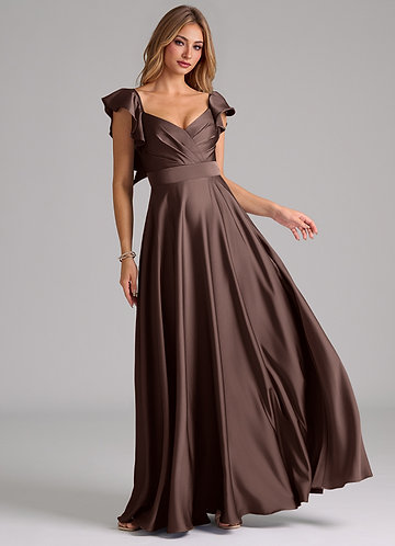 Azazie Leilani Bridesmaid Dresses Ganache A-Line Ruched Stretch Satin Dress image1