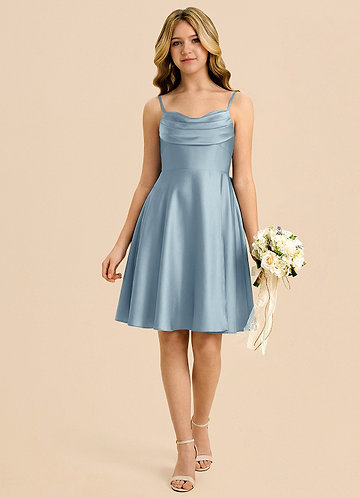 Azazie Bear Vestido Azul Empoeirado de Cetim elástico de Linha A com Decote em coração image1