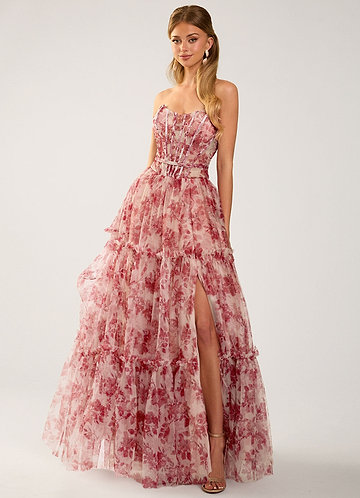 Wenoyn Pink Floral Printed Tulle Corset Prom Dress image1