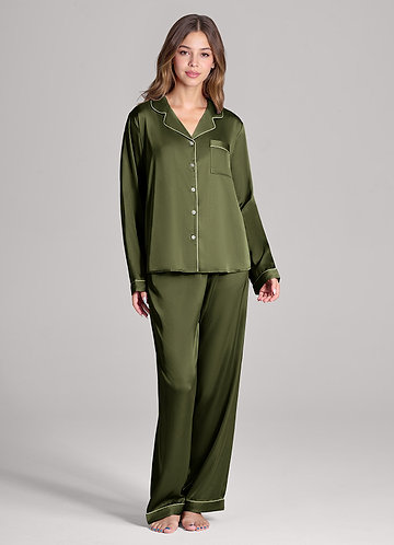 front Warm Olive Long Sleeves and Pants Satin PJ Set