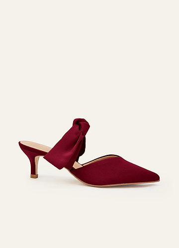 front Matchende farve stretch satin sløjfe spids tå kitten hæl mules