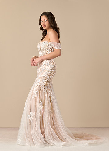 Azazie Leilani Wedding Dresses Diamond White Caramel Mermaid Sequins Tulle Dress image1