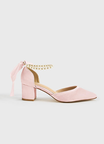 front Matching Color Matte Satin Pearl and Bow Pointed Toe Block Heels