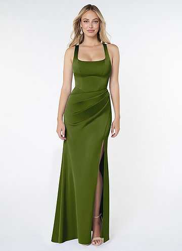 Azazie Mero Bridesmaid Dresses Juniper Sheath Pleated Stretch Satin Dress image1 0