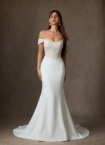 Azazie Yamelle Wedding Dresses Diamond White Champagne Mermaid Off the Shoulder Satin Dress image1