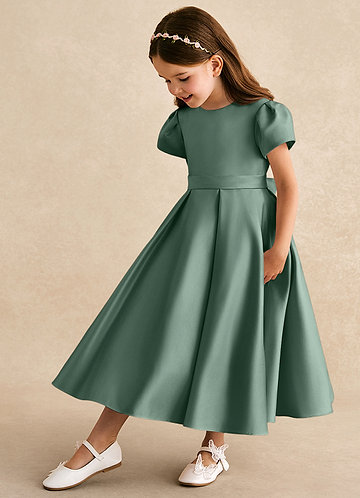 Azazie Princess Flower Girl Dresses Eucalyptus A-Line Pleated Matte Satin Dress image1