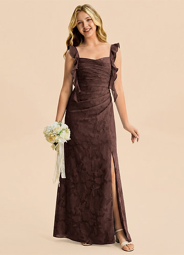 brown junior bridesmaid dresses JJ's House A-line Off the Shoulder Floor-Length Satin Junior Bridesmaid Dress 2026
