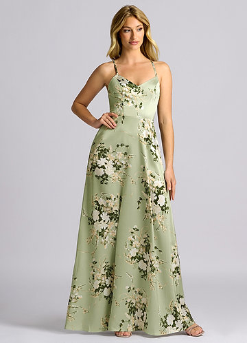 Azazie Mei Bridesmaid Dresses Vestido Vinhas Florais de Cetim elástico de Linha A image1