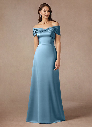 Azazie Amelia Mother of the Brides Dresses Steel Blue A-Line Off the Shoulder Stretch Satin Dress image1