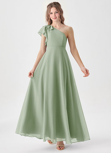 Azazie Arabella Junior Vestido de Salvia Polvorienta de Gasa de Corte en A con Volante image1