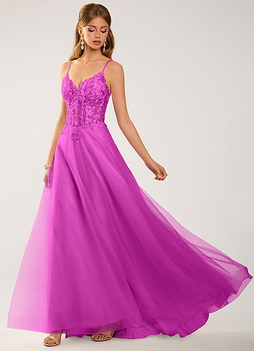 Calliem Fucsia Abito da ballo in tulle e pizzo con perline image1