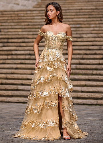 Glitz Champagne Ruffled A-line Prom Dress image1