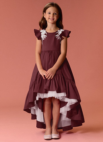 Barbie ♥ Azazie Flower Girl Dresses Cabernet A-Line Lace Stretch Satin Dress image1