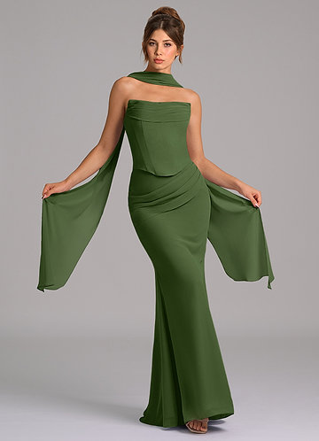 Azazie Sorrel Bridesmaid Dresses Vestido Oliva de Chiffon de sereia com Espartilho image1