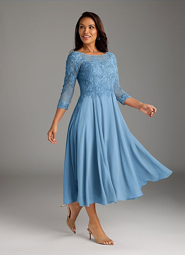 Azazie Marge Brautmutterkleider A-Linie Schaufel Spitze Chiffon Kleid Stahlblau image1