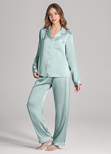 front Matching Color Long Sleeves and Pants Satin PJ Set