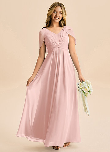 Azazie Emma Junior Robe Trapèze en Mousseline de soie Plissée Rose Poudré image1