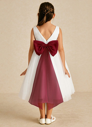 Azazie Kavi Flower Girl Dresses Ivory Burgundy A-Line Bow Matte Satin Dress image1
